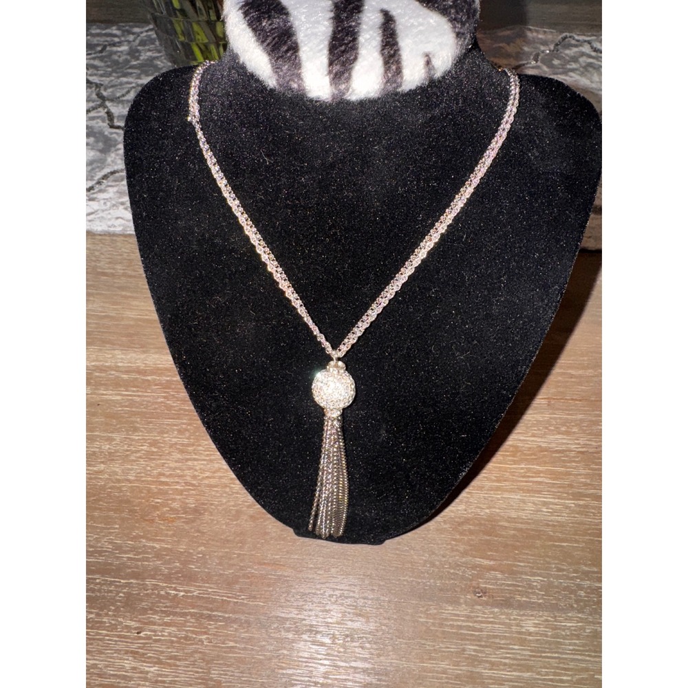 ERWIN PEARL Silver Tone Crystal Ball Tassel Y Necklace‎ Statement